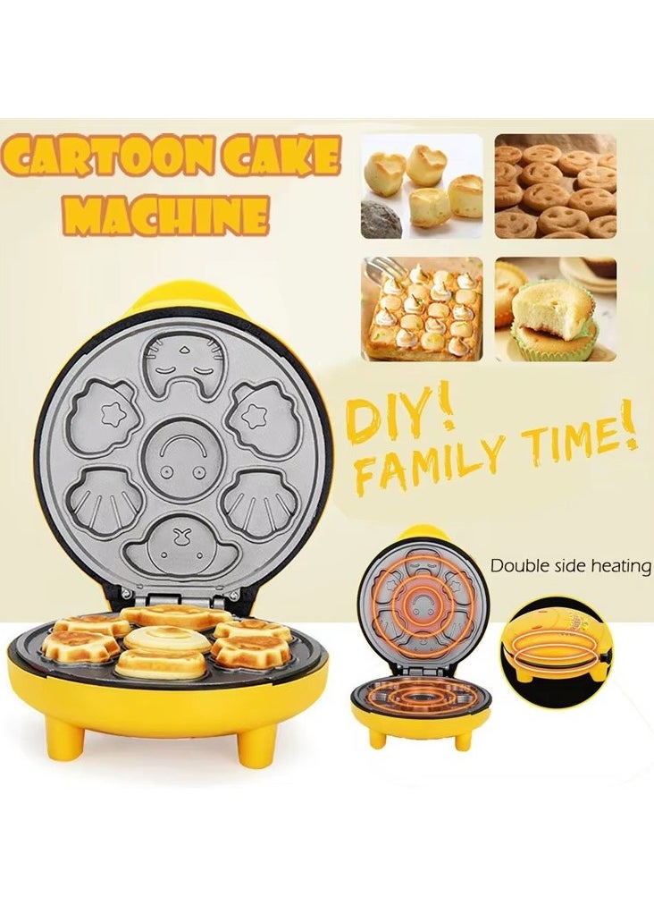DUNISO Cake maker, electric mini waffle maker, making 7 different cartoon shaped waffles and cakes, double sided heating non stick board, 1000W, suitable for baking, breakfast, kitchen, yellow  - Image 1