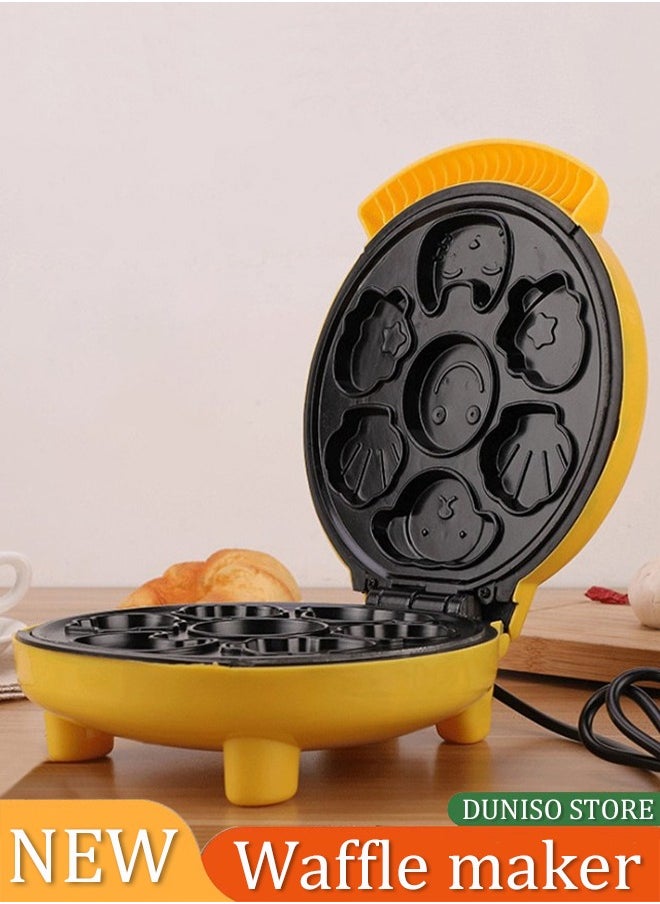 DUNISO Cake maker, electric mini waffle maker, making 7 different cartoon shaped waffles and cakes, double sided heating non stick board, 1000W, suitable for baking, breakfast, kitchen, yellow  - Image 2