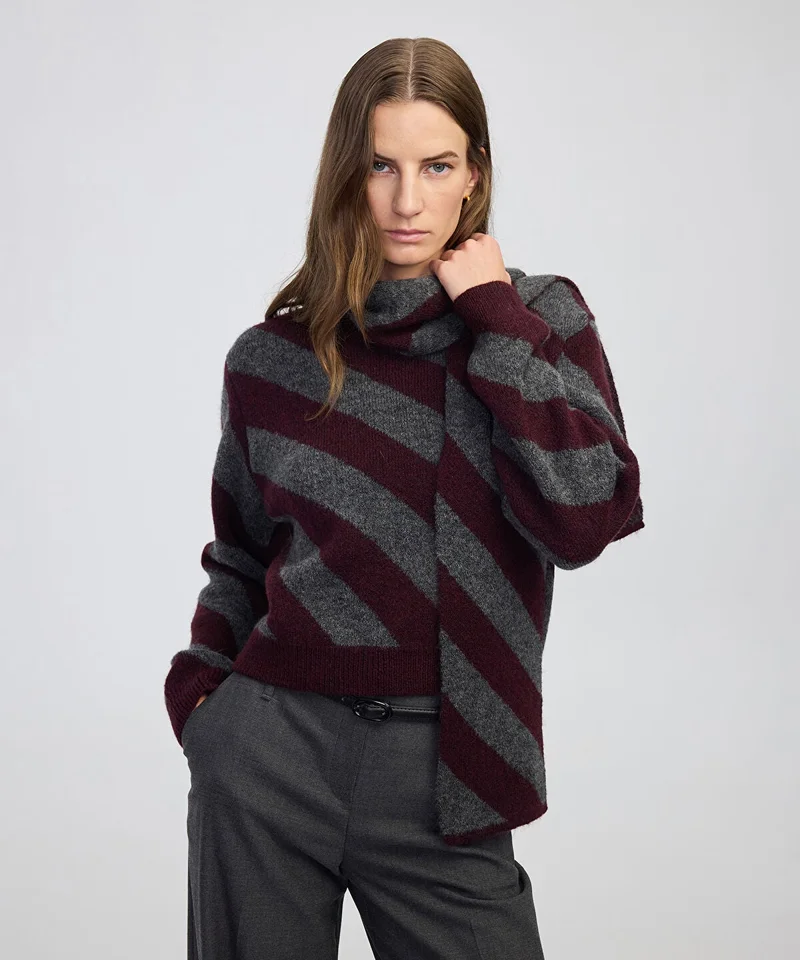 ابيكول Color-Block Knit Sweater with Scarf