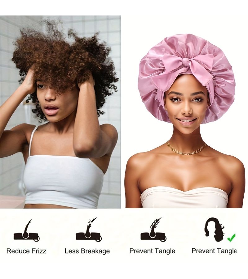 Set Of 2 Satin Bonnets With Elastic Strap In Pink For Home Hair Care - Image 5