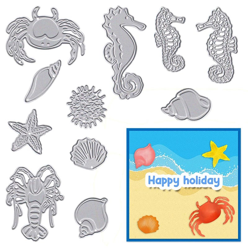 Hying Metal Sea Animals Ocean Starfish Shell Cutting Dies for Card Making Conch Crab Coral Die Cuts Seahorse Dies Stencil Embossing Tools Scrapbooking DIY Etched Summer Beach Craft Dies