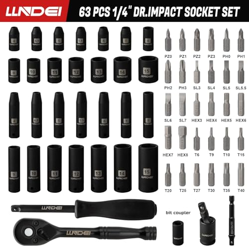 LLNDEI 1/4" Drive Socket Wrench Set, 1/4-Inch Impact Socket Set Metric(4-15mm) Deep and Shallow 6 Point, CR-V, 63PCS with 72T Ratchet Wrench Handle for Household&Automotive Repairing - Image 2