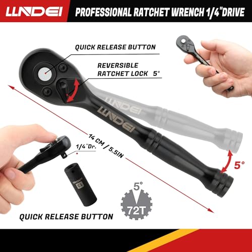 LLNDEI 1/4" Drive Socket Wrench Set, 1/4-Inch Impact Socket Set Metric(4-15mm) Deep and Shallow 6 Point, CR-V, 63PCS with 72T Ratchet Wrench Handle for Household&Automotive Repairing - Image 4