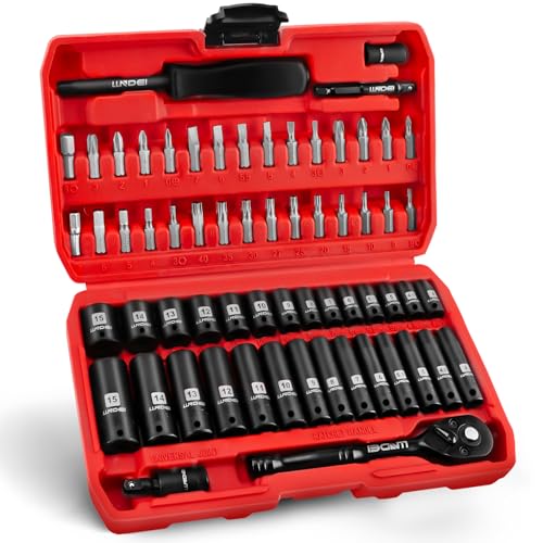 LLNDEI 1/4" Drive Socket Wrench Set, 1/4-Inch Impact Socket Set Metric(4-15mm) Deep and Shallow 6 Point, CR-V, 63PCS with 72T Ratchet Wrench Handle for Household&Automotive Repairing - Image 1