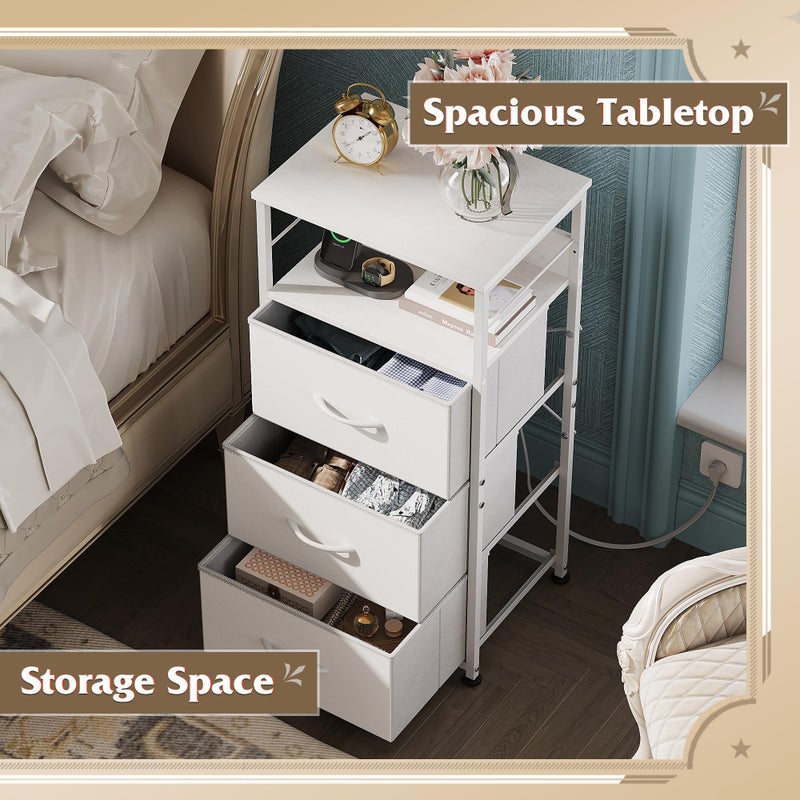 WLIVE Nightstand with Charging Station, 31.9" H Nightstand with 3 Fabric Drawers, LED Bedside Table with USB Ports and Outlets, End Table for Dorm, Bedroom, Entryway, White - Image 2