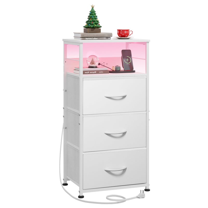 WLIVE Nightstand with Charging Station, 31.9" H Nightstand with 3 Fabric Drawers, LED Bedside Table with USB Ports and Outlets, End Table for Dorm, Bedroom, Entryway, White - Image 1