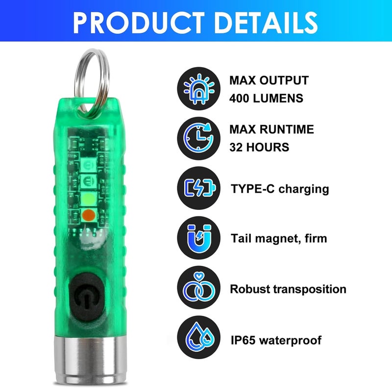 tinshow Mini Torch LED Super Bright 400LM USB-C Rechargeable Keychain Flashlight with UV Red Blue Light - Image 3