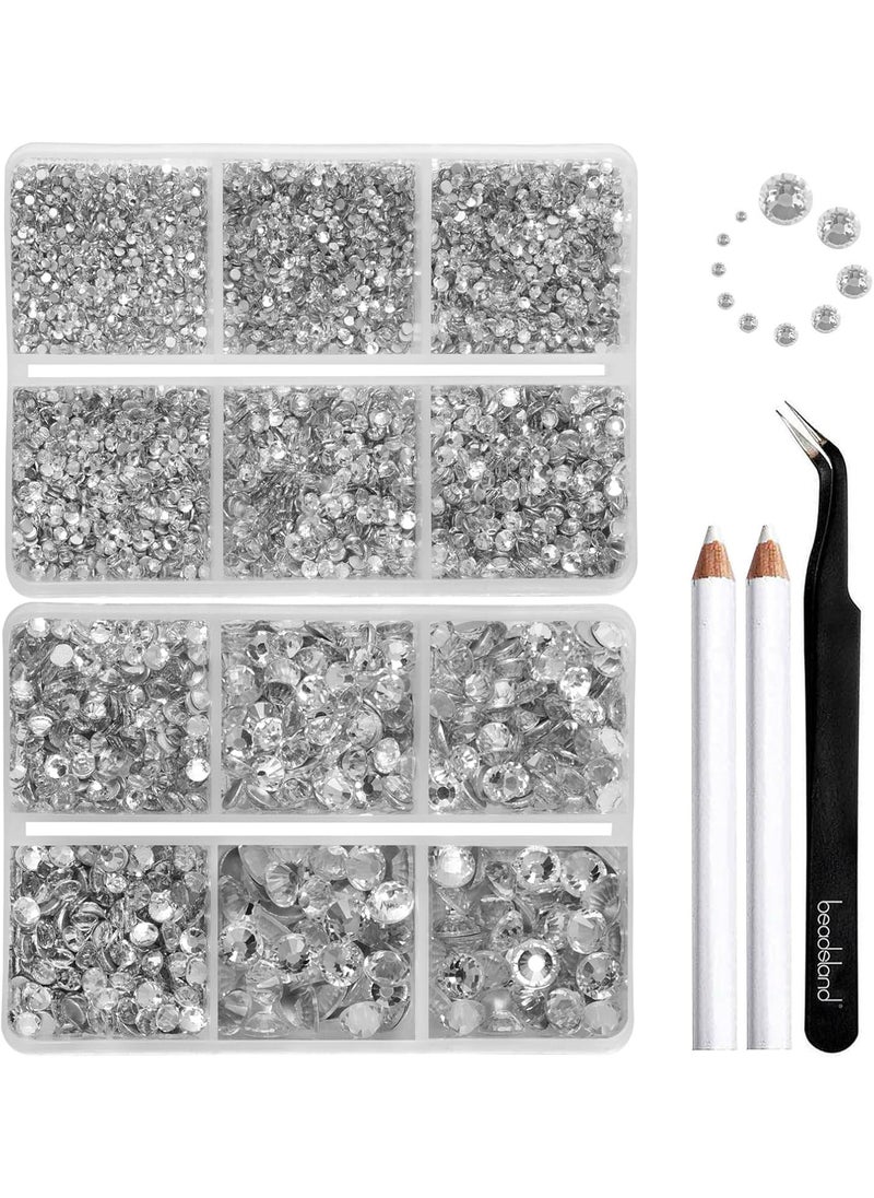 BEADSLAND Beadsland 8300PCS Flatback Rhinestones, Clear Rhinestone Nail Gems Round Crystal Rhinestones for Crafts, Mixed 10 Sizes with Wax Pencil and Tweezer Kit, SS3-SS30, Crystal 