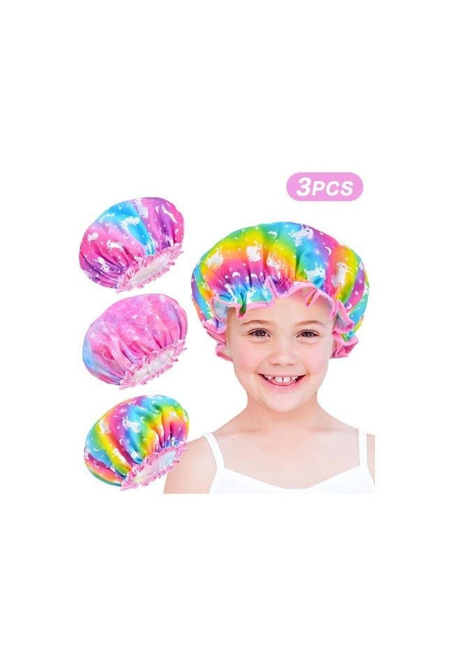 Little Girl Unicorn Shower Cap - Cute Rainbow Long Hair Childrens Adjustable Waterproof Toddler Head Cap For Girls While Taking Shower - Image 1