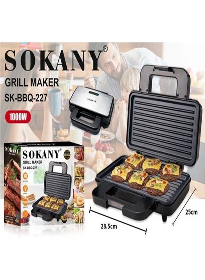 سوكاني ساندوتش ميكر وجريل سوكاني حجم كبير 1000 وات (غير لاصق وتدفئة مزدوجة) sk-bbq-227  - Image 1