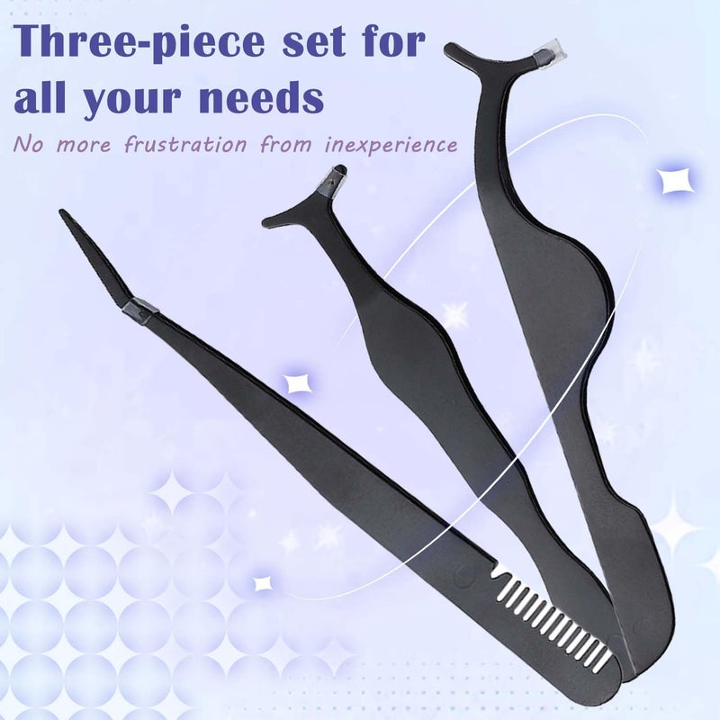 TORMEN Eyelash Tweezers Set 3 Pcs Stainless Steel Lash Applicator Tool Kit for Women False Curved Straight and Comb Tweezers for Eyebrow Trimming Makeup Beauty Care (Black) - Image 5