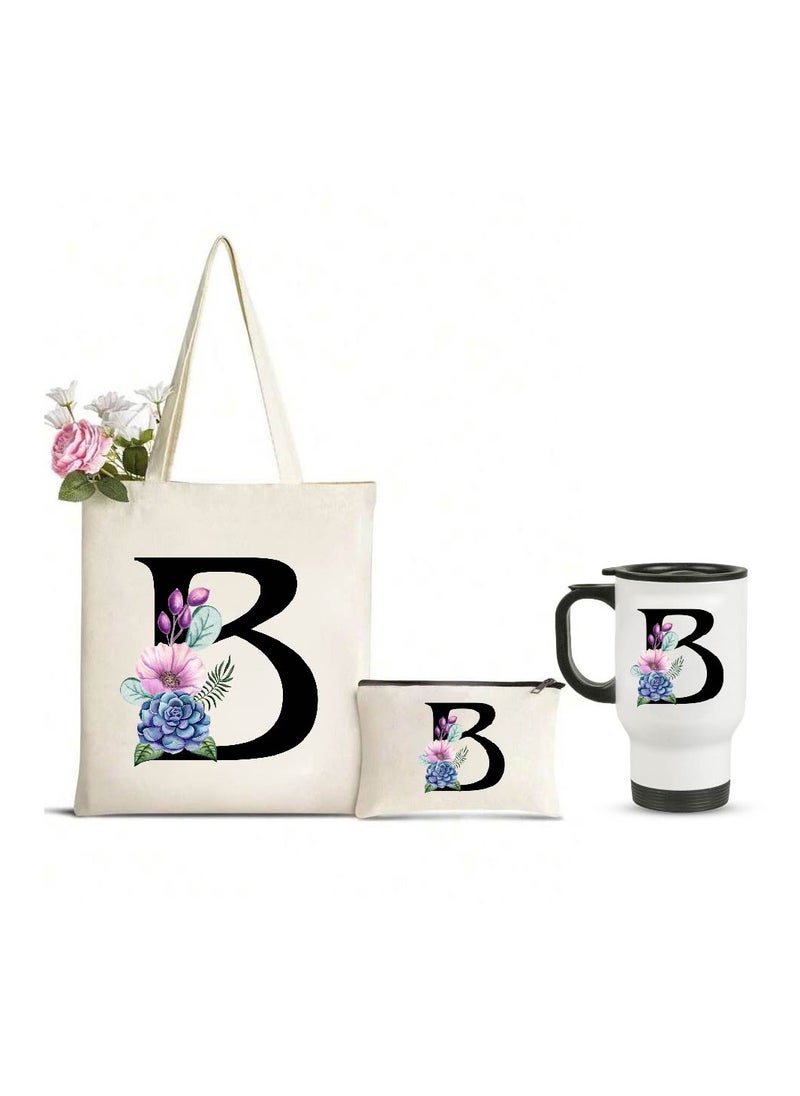 PRINTSHOP4ME Initial Letters Canvas Cotton Tote Bag, Cosmetic Pouch, and Stainless Steel Travel Mug - A Stylish Pack of 3 Combo Set for Girls - Gift for wedding - Gifts for girls - Gift for friends  - Image 1