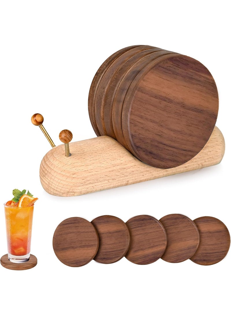 6 Pcs Wooden Snail Coasters Set with Holder, Cute Funny Drink Coasters for Coffee Cups and Tea Mugs, Natural Wood Table Protector and Creative Home Decor Accessories for Coffee Table, Kitchen, Dining Room, Office, Housewarming Birthday Gift - Image 1
