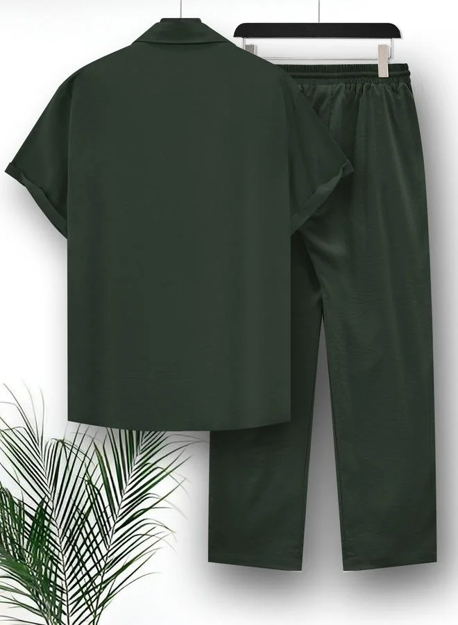 Take Two Men Plus Size Solid Casual Shirt and Pants Co-ord Set