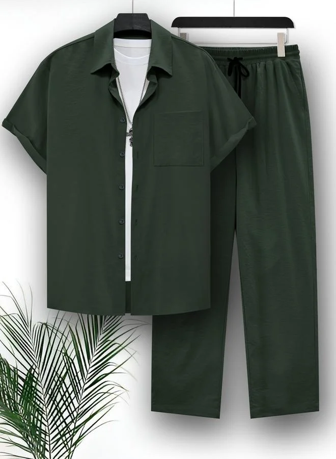 Take Two Men Plus Size Solid Casual Shirt and Pants Co-ord Set