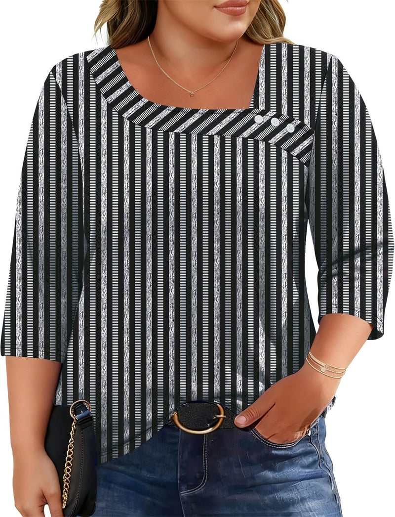 LOMON Plus Size Spring Fashion 2026 Square Neck 1/2 Mid Sleeve Tops for Women Trendy Summer Womens Clothing 3XL - Image 1