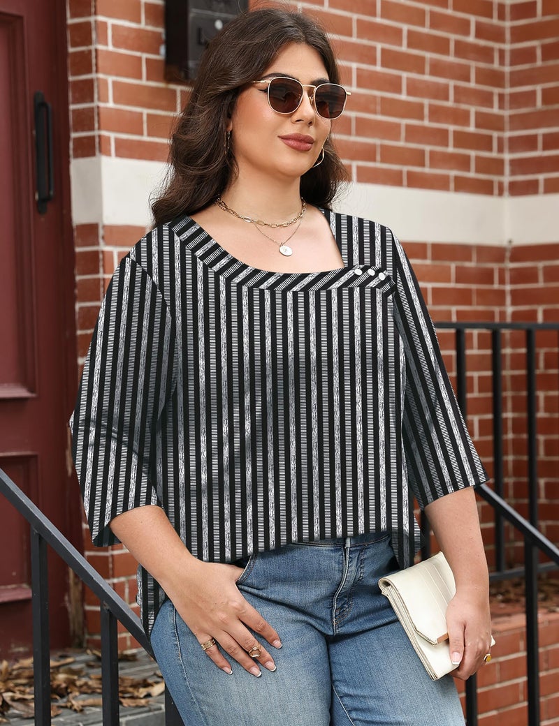 LOMON Plus Size Spring Fashion 2026 Square Neck 1/2 Mid Sleeve Tops for Women Trendy Summer Womens Clothing 3XL - Image 4