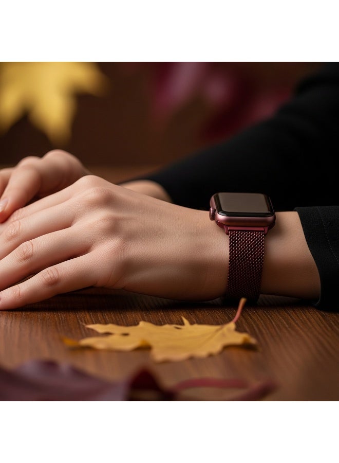 FITIT Milanese Loop Band Compatible with Apple Watch Series 1–9, SE, Ultra, Stainless Steel Strap with Magnetic Lock, 42/44/45/49mm – Wine Red – fitit - Image 3