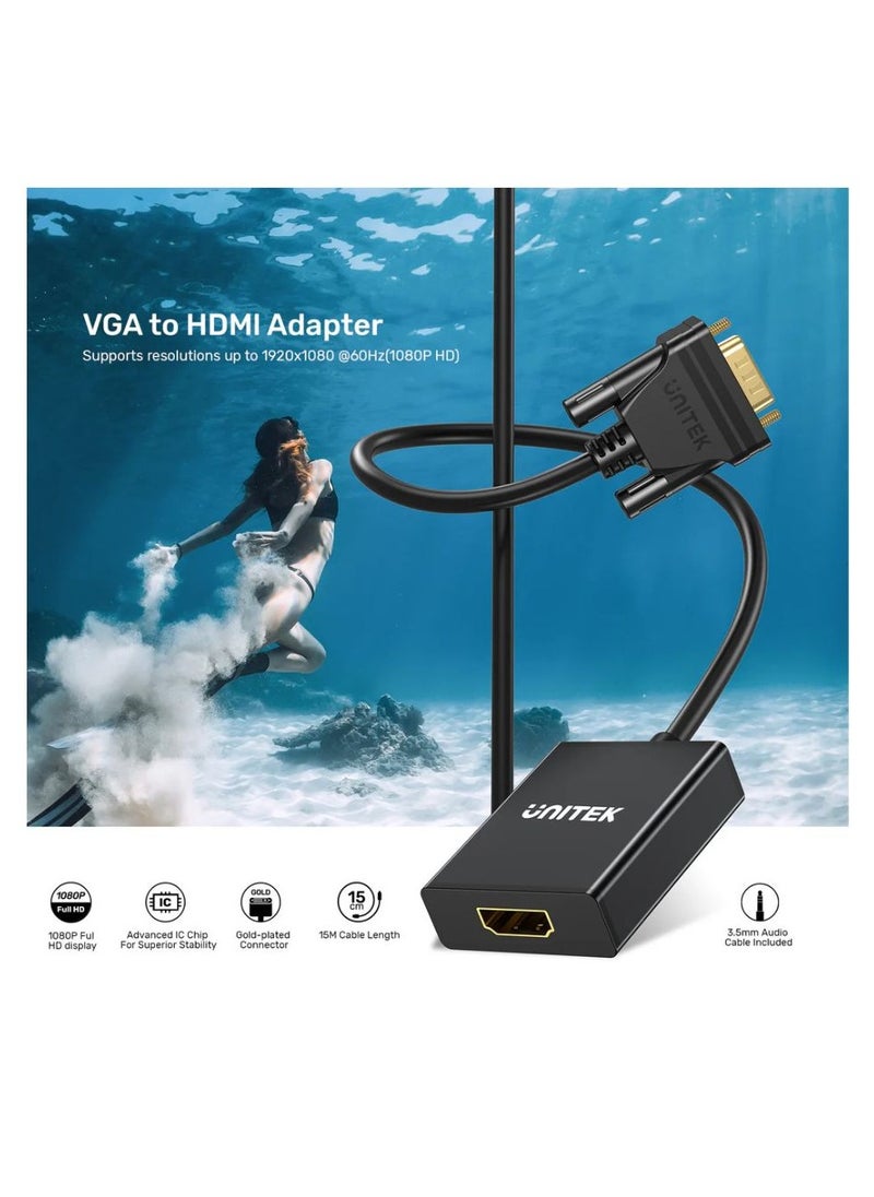 UNITEK VGA to HDMI Adapter with Audio Output – Full HD 1080p Video Converter for VGA Laptops to HDMI Monitors, TVs, and Projectors – Plug and Play, Compact Design, and Audio Integration