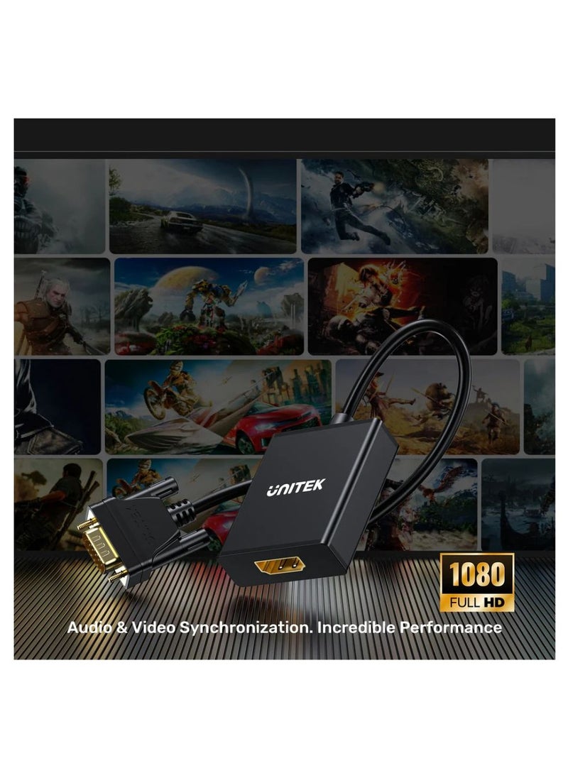 UNITEK VGA to HDMI Adapter with Audio Output – Full HD 1080p Video Converter for VGA Laptops to HDMI Monitors, TVs, and Projectors – Plug and Play, Compact Design, and Audio Integration