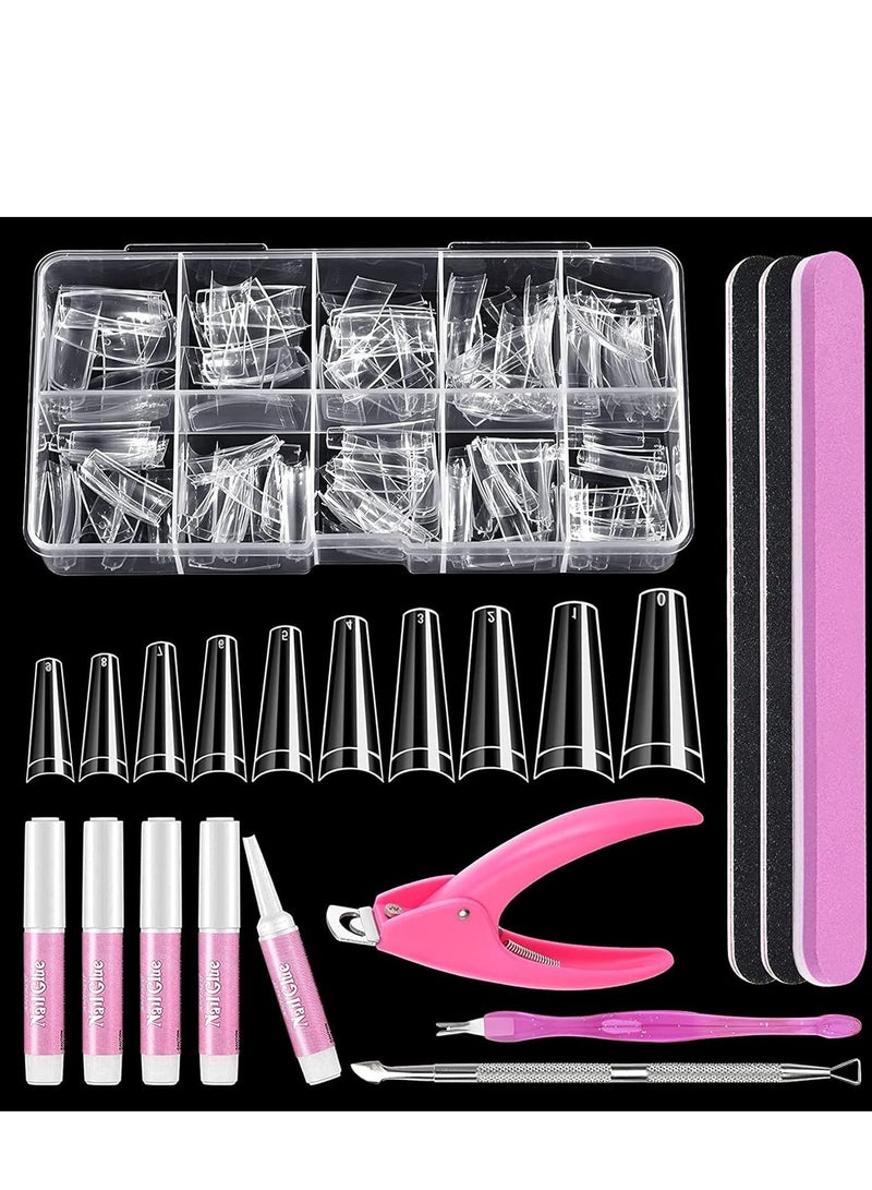 Nail Tips Set, 500 PCS Transparent Long Nail Tips for Acrylic Nails, Full Cover Ballerina Nail Tips Fake Nails Kit with Nail Glue, Clipper, Files - Image 1
