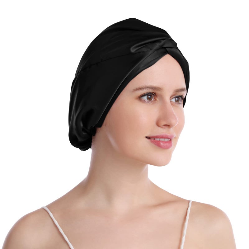 SOBONNY Silk Bonnet for Sleeping 100 Mulberry Silk Sleep Cap for Women Hair Care Night Cap Fixed by The Elastic1Pc Black - Image 2