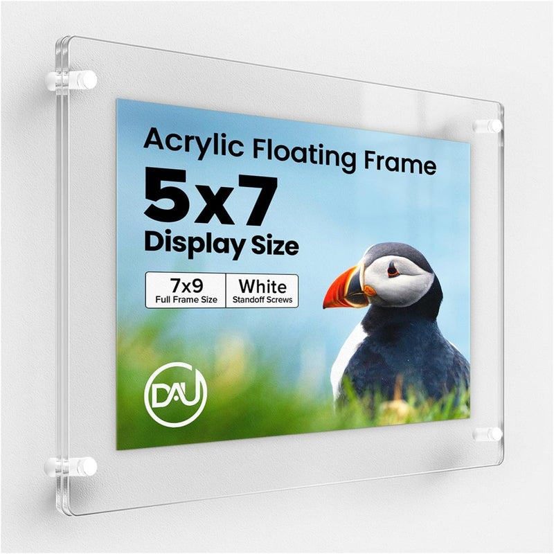 DistinctAndUnique (5" x 7") Clear Acrylic Wall Mount Floating Picture Frame with (White Standoffs) Frame-less Double Panel Plexiglass Display for Photos Artwork Posters Paintings (Full Frame is 7" x 9") - Image 1