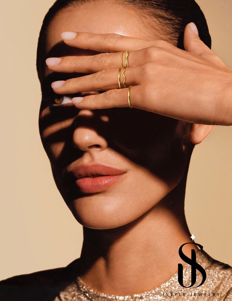 Jstyle Gold Stackable Rings for Women Non Tarnish Open Adjustable Rings Cubic Zirconia Thin Thumb Gold Ring Set 14K Gold Filled Pinky Knuckle Stacking Set - Dainty Statement Promise Band Ring Sets - Image 5