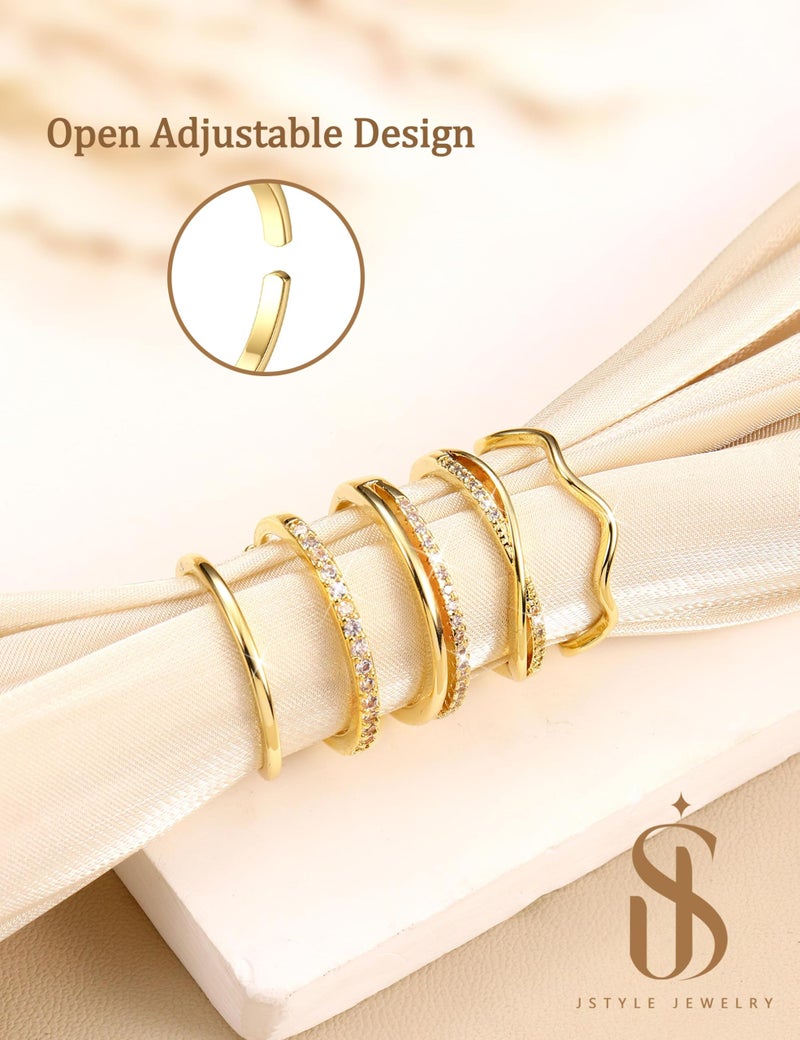 Jstyle Gold Stackable Rings for Women Non Tarnish Open Adjustable Rings Cubic Zirconia Thin Thumb Gold Ring Set 14K Gold Filled Pinky Knuckle Stacking Set - Dainty Statement Promise Band Ring Sets - Image 4