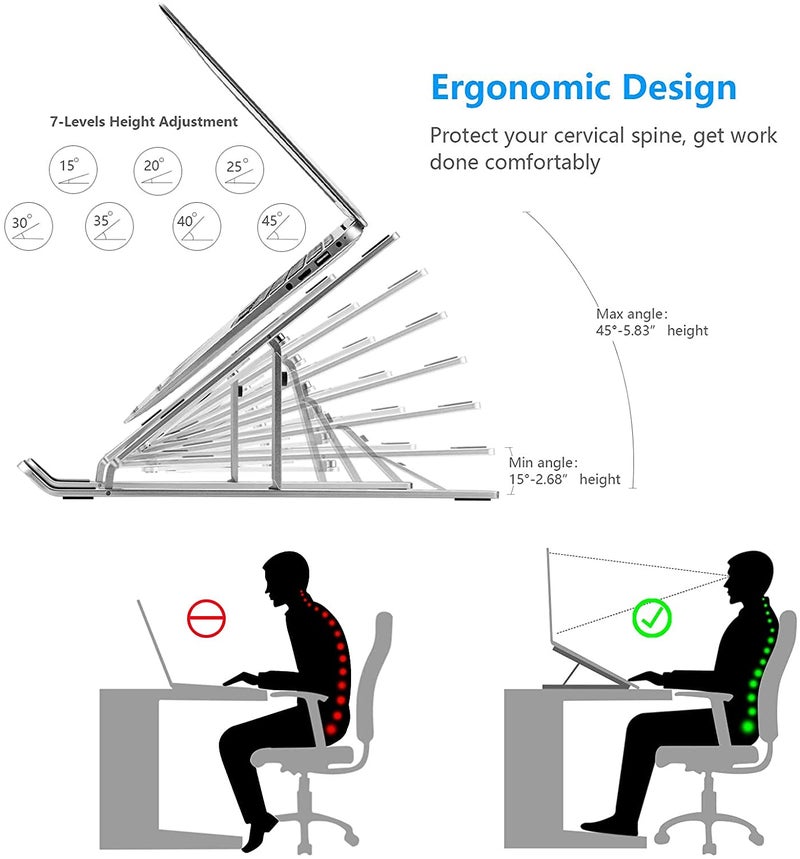Leeboom Laptop Stand for Desk, Ergonomic Design Adjustable Aluminum Foldable Portable Computer Stand, Compatible with MacBook Air Pro, HP, Lenovo, Dell, More 10-15.6”Inch and Tablets (Silver) - Image 2