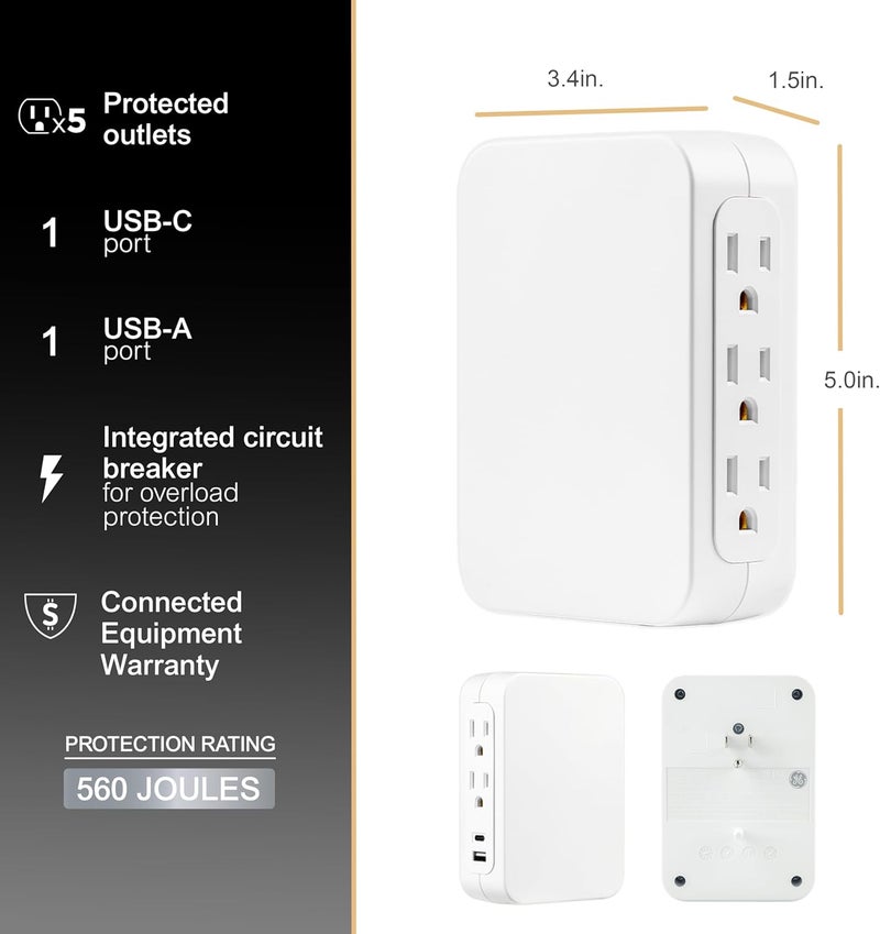GE USB C 5 Outlet Extender, Side-Access, Wall Tap Surge Protector, Multi-Plug, USB A, 3-Prong, Secure Install, White, 83503 - Image 2