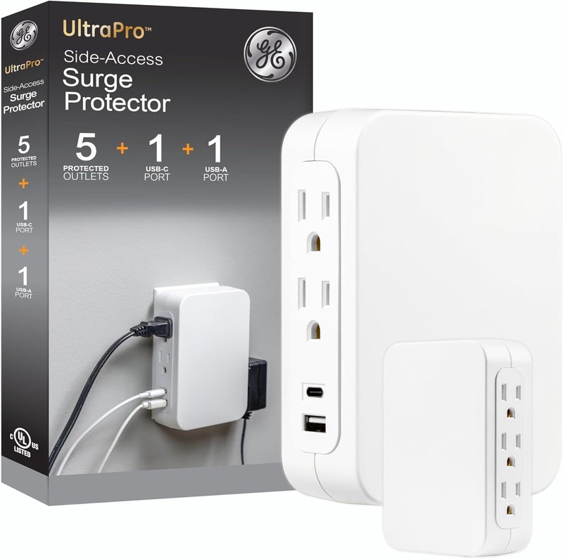GE USB C 5 Outlet Extender, Side-Access, Wall Tap Surge Protector, Multi-Plug, USB A, 3-Prong, Secure Install, White, 83503 - Image 1