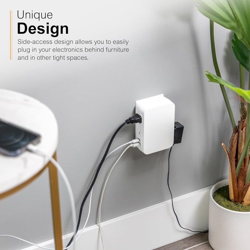 GE USB C 5 Outlet Extender, Side-Access, Wall Tap Surge Protector, Multi-Plug, USB A, 3-Prong, Secure Install, White, 83503 - Image 3