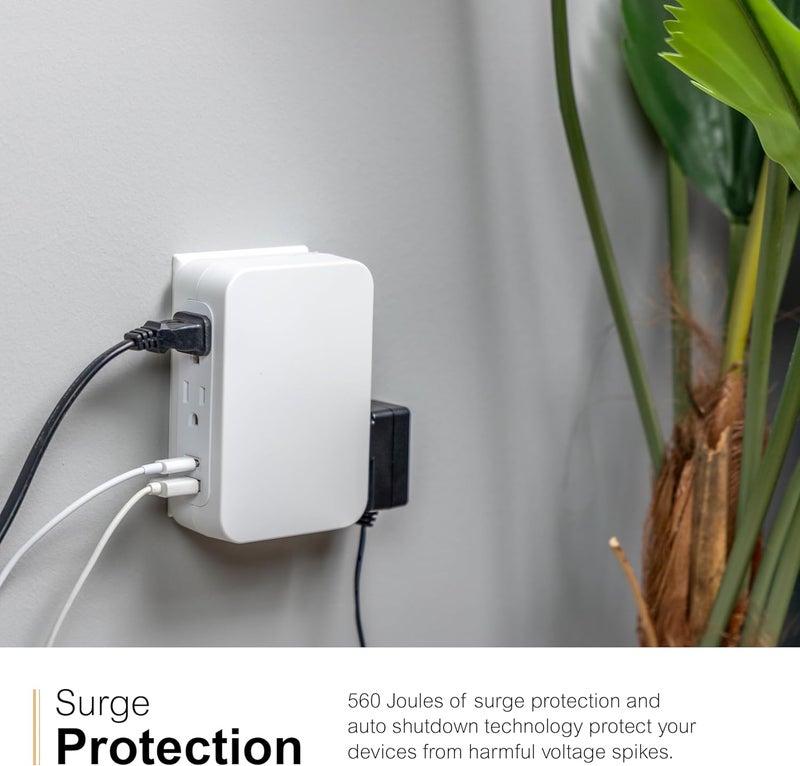 GE USB C 5 Outlet Extender, Side-Access, Wall Tap Surge Protector, Multi-Plug, USB A, 3-Prong, Secure Install, White, 83503 - Image 4