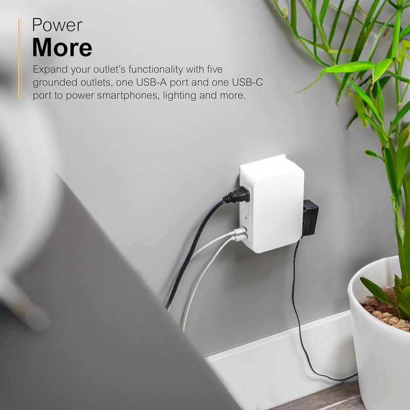GE USB C 5 Outlet Extender, Side-Access, Wall Tap Surge Protector, Multi-Plug, USB A, 3-Prong, Secure Install, White, 83503 - Image 5