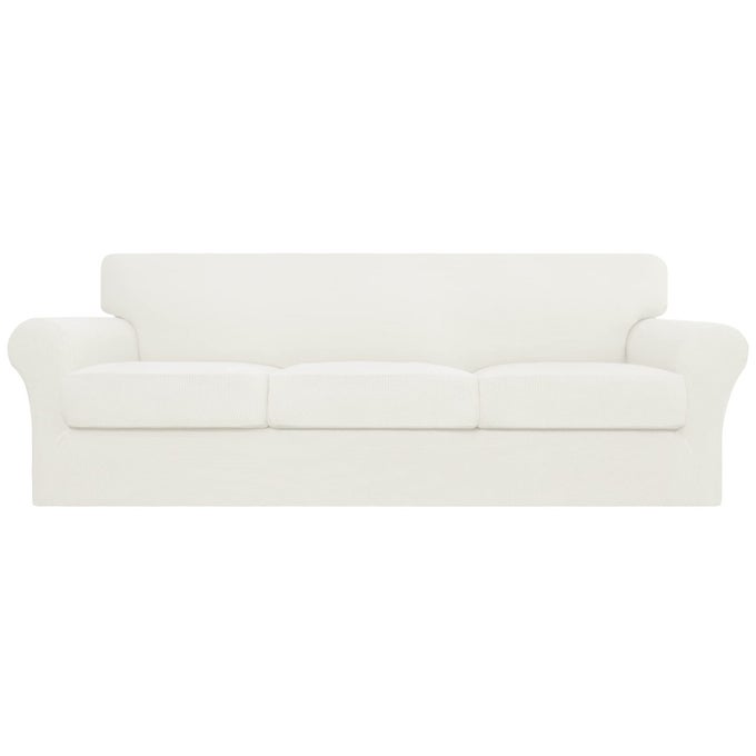 EASYGOING 4 PIECES STRETCH COUCH COVER OVERSIZED SOFA COVER FOR DOGS WASHABLE SOFA SLIPCOVER FOR 3 SEPARATE CUSHION COUCH SPANDEX ELASTIC FURNITURE PROTECTOR FOR PETS KIDS IVORY OVERSIZED SOFA