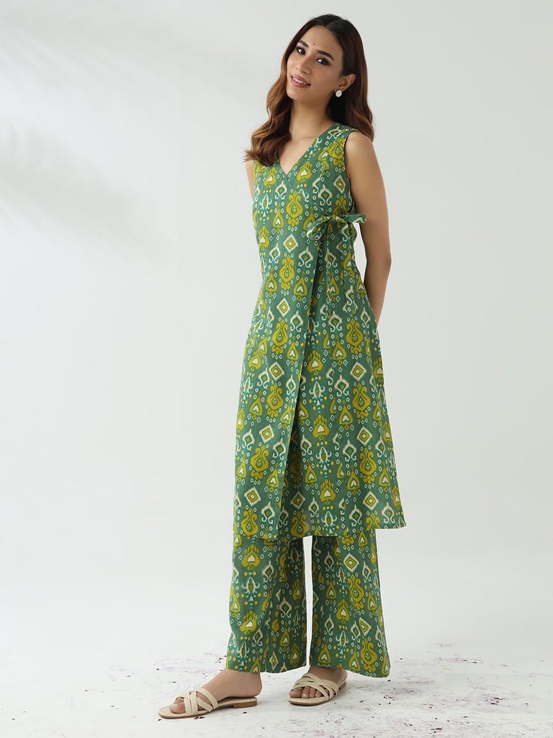 FIORRA Women's Green Cotton Straight Kurta with Palazzo - Image 3