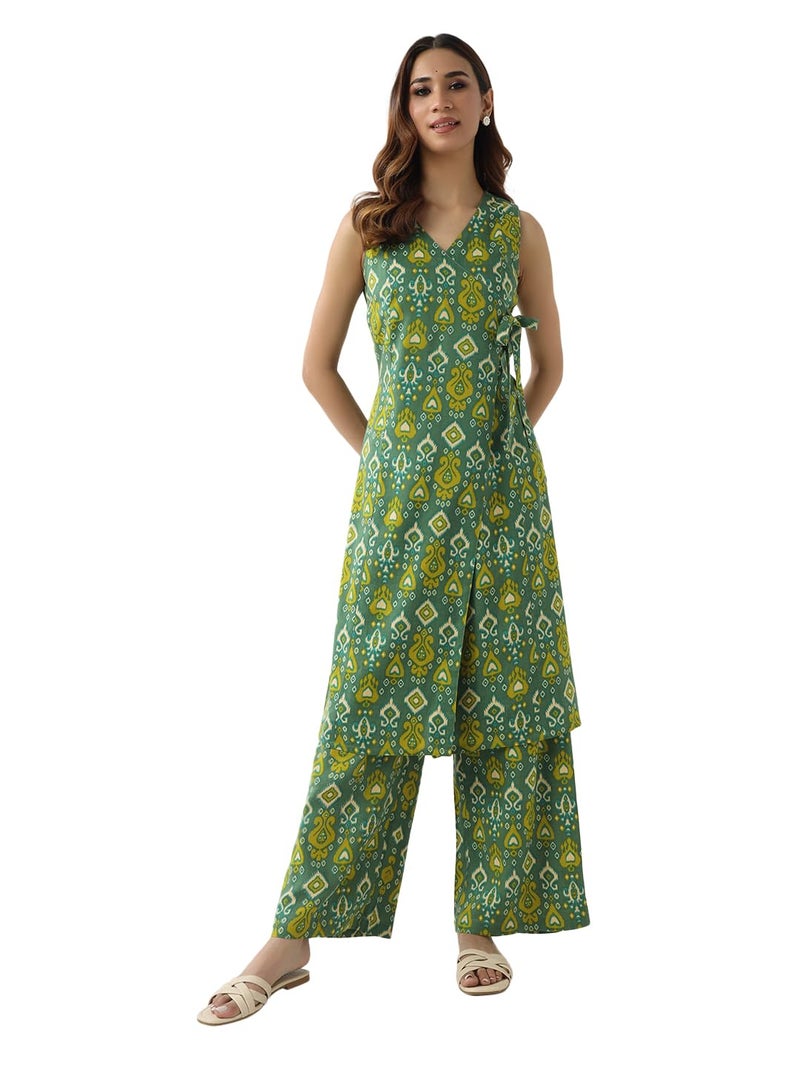 FIORRA Women's Green Cotton Straight Kurta with Palazzo - Image 1