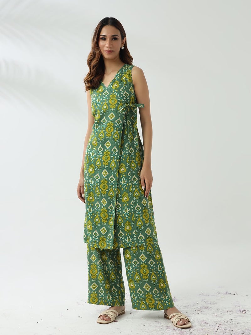 FIORRA Women's Green Cotton Straight Kurta with Palazzo - Image 5