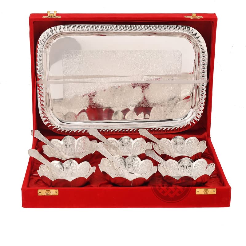 Piepot German Silver Bowl Set Lotus Flower Shape 13 Pcs Set Silver Red Velvet Box Best For Diwali Gift Corporate Gift Navratri Gift 300 milliliter - Image 1