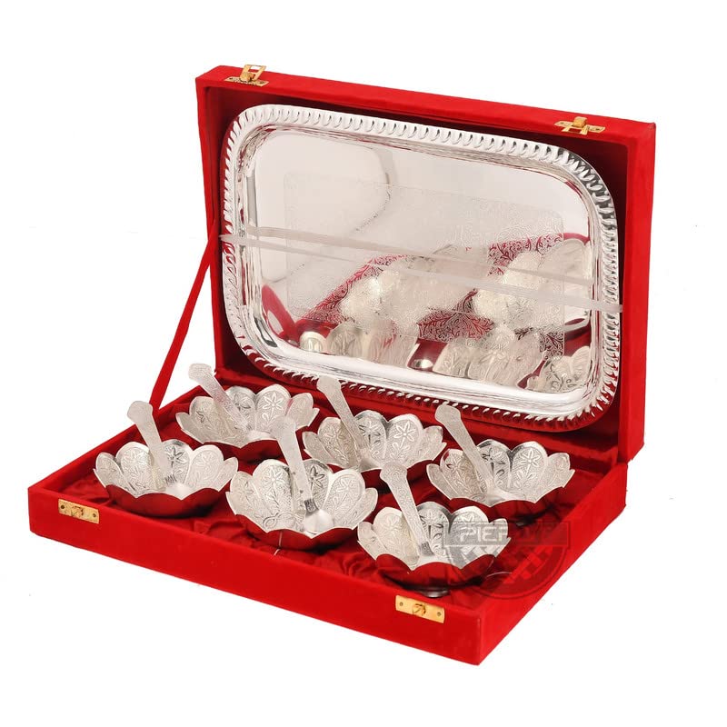 Piepot German Silver Bowl Set Lotus Flower Shape 13 Pcs Set Silver Red Velvet Box Best For Diwali Gift Corporate Gift Navratri Gift 300 milliliter - Image 2
