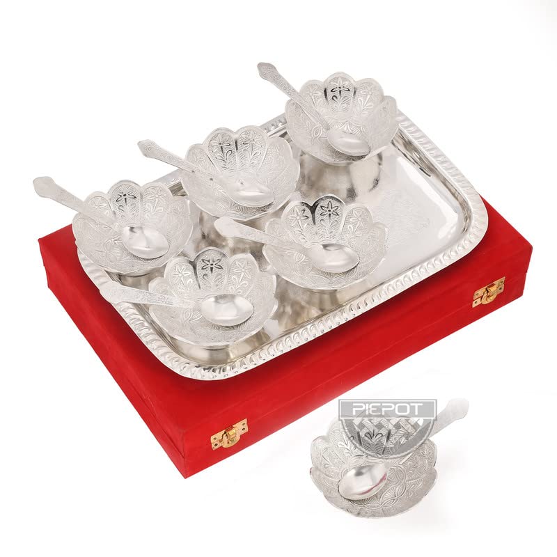 Piepot German Silver Bowl Set Lotus Flower Shape 13 Pcs Set Silver Red Velvet Box Best For Diwali Gift Corporate Gift Navratri Gift 300 milliliter - Image 3