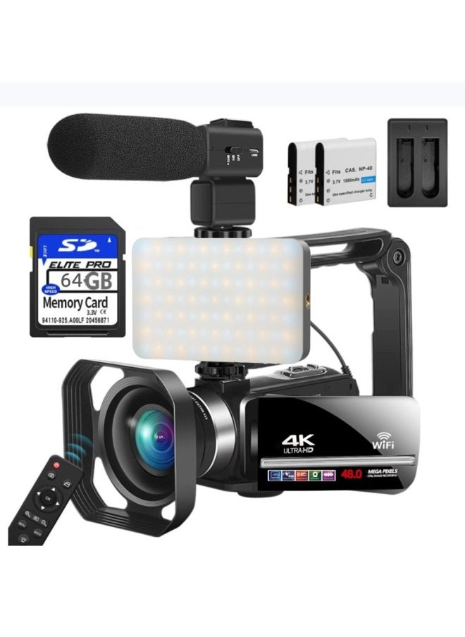 Generic English Products 4K HD Digital Camera Suitable For 48MP With Microphone Touch Screen 4kwifi-Body Color:Standard Black English Version + Hood + Microphone + Upgraded Three-color Led Light + Handheld Stabilizer + 64g Card + Battery (2 Batteries In Total) + Dual  - Image 1