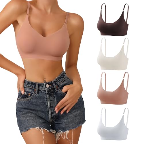 DEANGELMON 4 Pieces V Neck Bralettes Padded Seamless Adjustable Straps Bra Everyday Basic Sleeping Bras (4P1,S) - Image 1