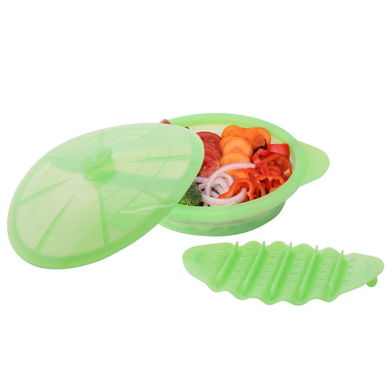 Microwave Steamer Cooker Collapsible BowlSilicone Steamer Cookware with Handle Lid for Vegetables Fish Prep Meal Food with Removable Rack BPA Free Easy to Store Freezer  Dishwasher Safe Green