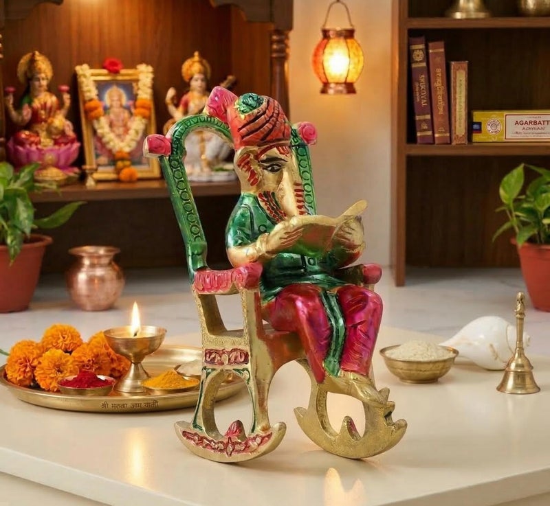 KridayKraft Metal Chair Ganesh ji Reading Book with Meenakari Work,Ganesha Metal Statue for Pooja & Home, Office Décor, Car Dashboard Religious Showpiece for Decoration & Gifting Article - Image 1