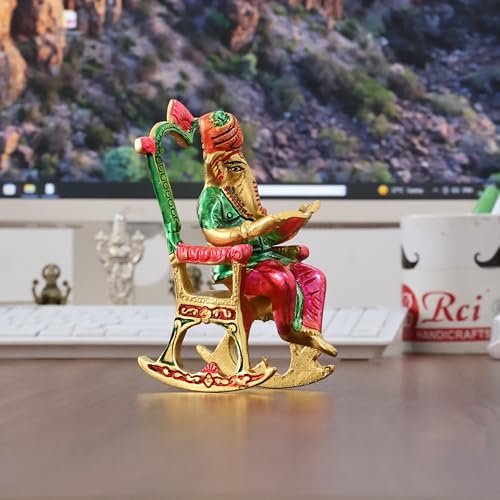 KridayKraft Metal Chair Ganesh ji Reading Book with Meenakari Work,Ganesha Metal Statue for Pooja & Home, Office Décor, Car Dashboard Religious Showpiece for Decoration & Gifting Article - Image 5