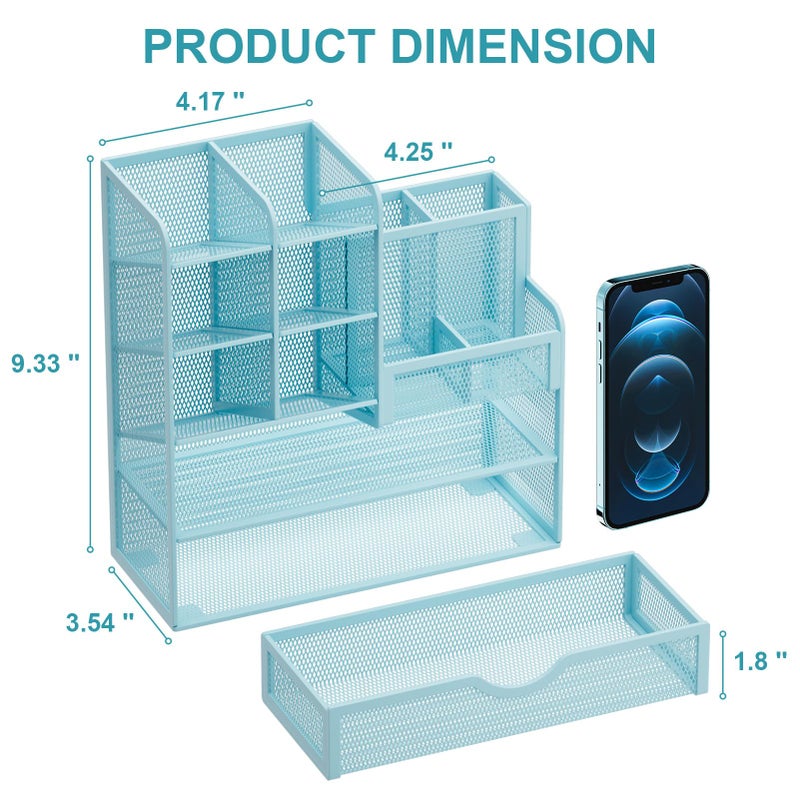Marbrasse Mesh Pen Holder for Desk, Multi-Functional Pencil Organizer with Drawer, Desk Organizers and Accessories for Office Art Supplies (Blue) - Image 4