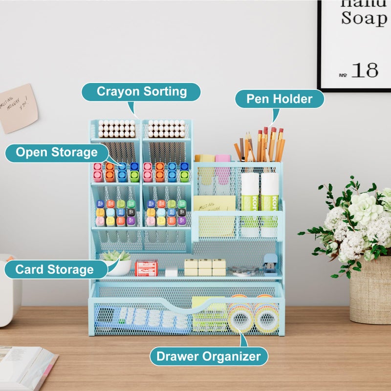 Marbrasse Mesh Pen Holder for Desk, Multi-Functional Pencil Organizer with Drawer, Desk Organizers and Accessories for Office Art Supplies (Blue) - Image 2