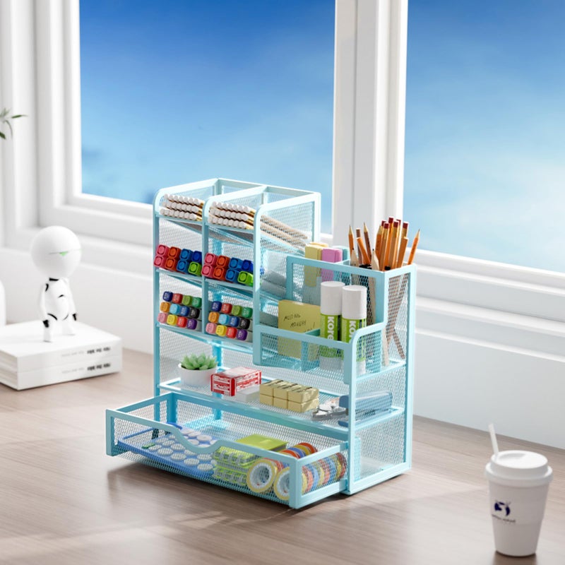 Marbrasse Mesh Pen Holder for Desk, Multi-Functional Pencil Organizer with Drawer, Desk Organizers and Accessories for Office Art Supplies (Blue) - Image 5